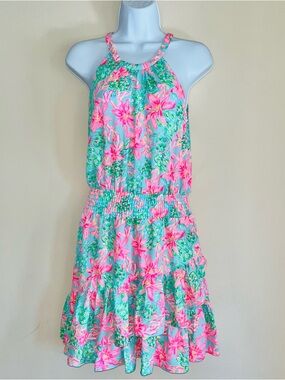 Lilly Pulitzer Pamelyn Ruffle Halter Dress Surf Blue So Shellegant EC Pk/Bl SZ 4